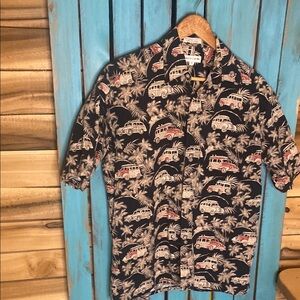 Vintage Pierre Cardin Black surfing Tropical Print Shirt medium woody wagons